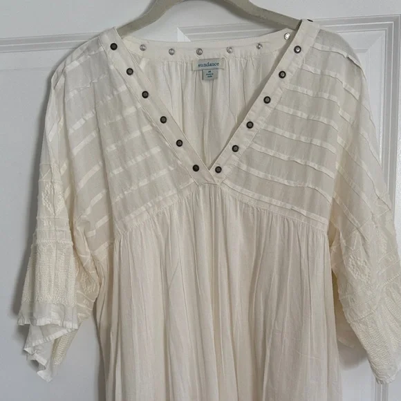 Sundance Cream V-Neck Dress with Button Accents -Bohemian style- Midi Length - Picture 3 of 5